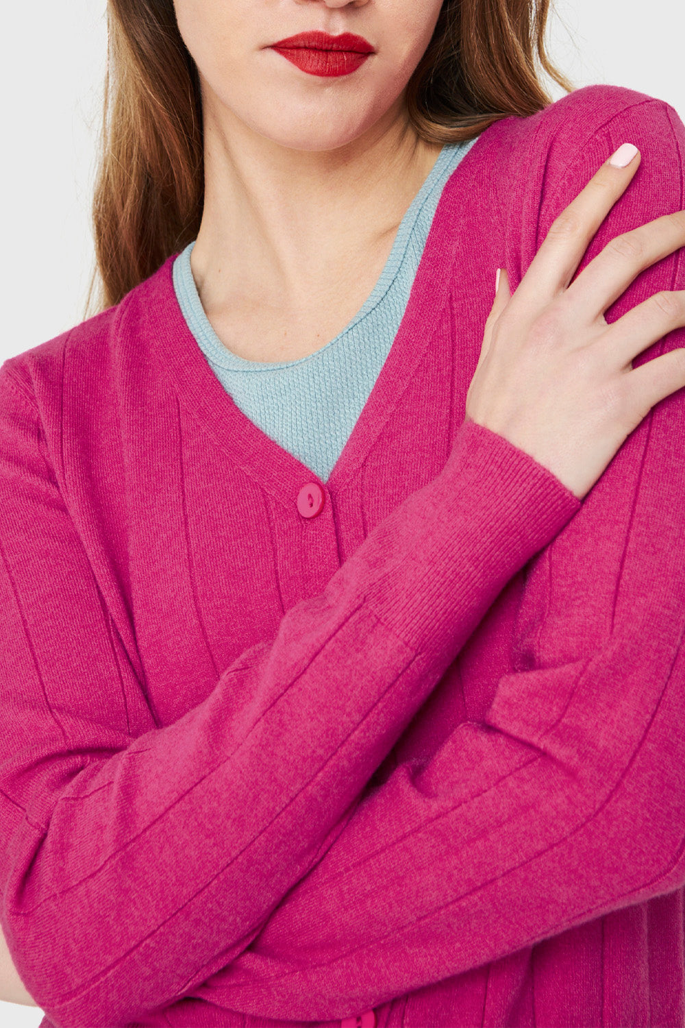 Cárdigan Acanalado Botones Fucsia