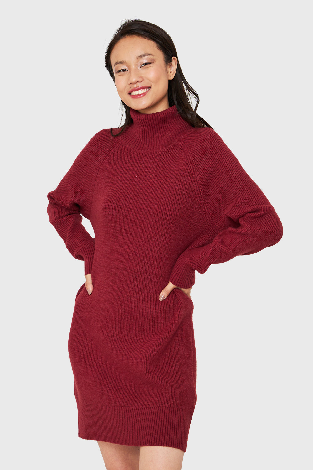 Sweater Vestido Acanalado Cuello Alto Rojo Ladrillo