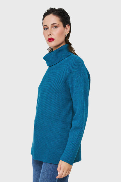 Sweater Cuello Beatle Acanalado Azul Petróleo