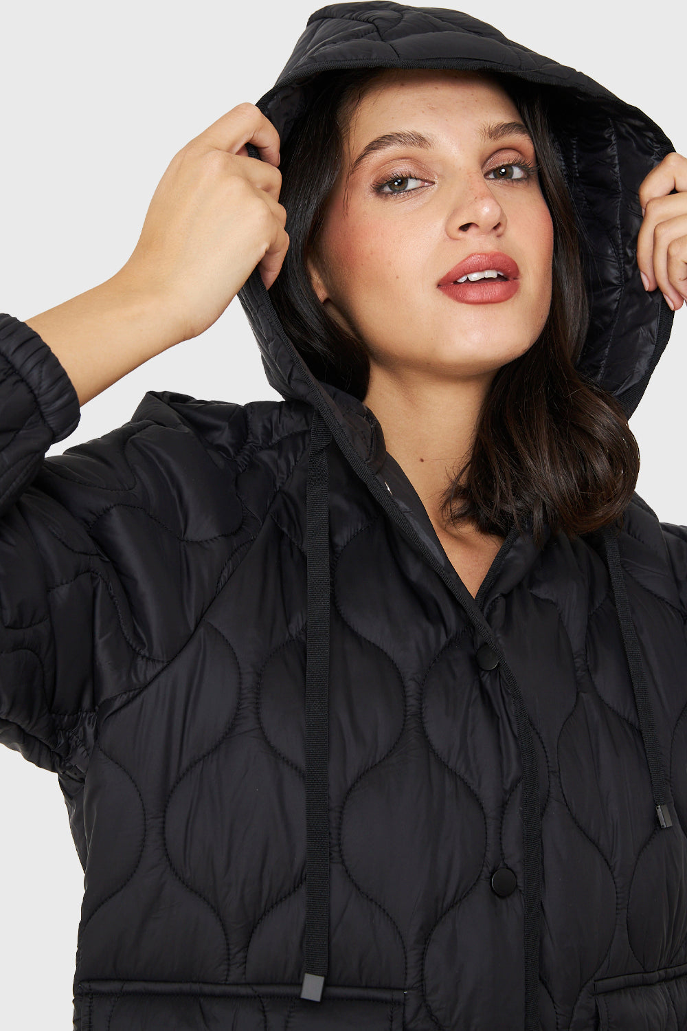 Parka Midi Tipo Quilt Bolsillos Negro