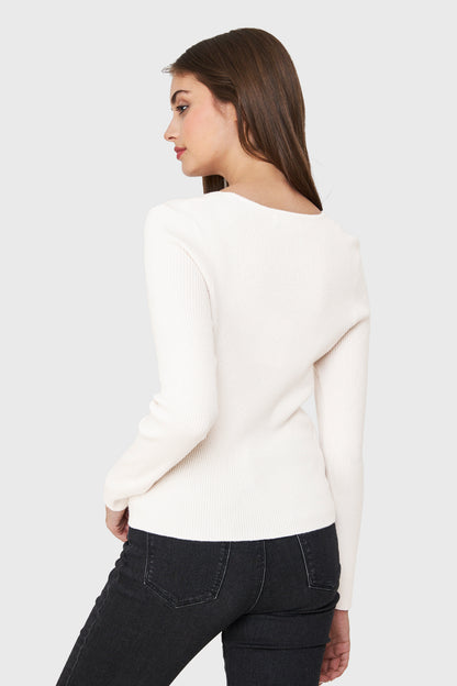 Sweater De Punto Acanalada V Blanco
