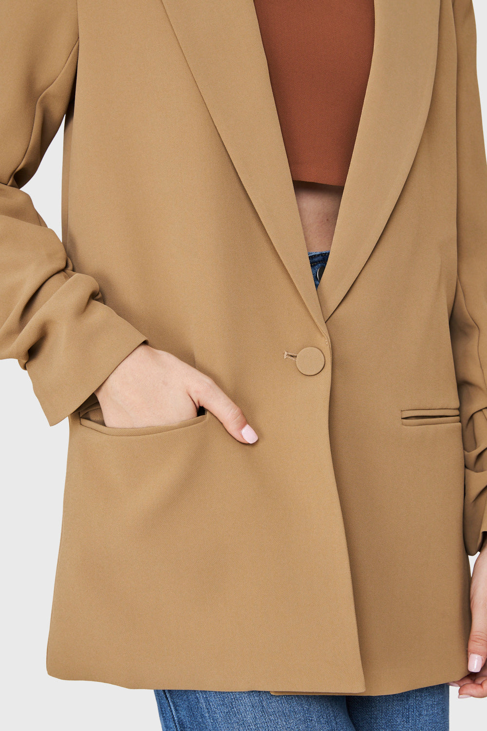 Blazer Largo Manga Drapeada Khaki