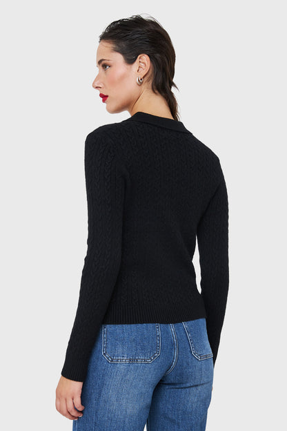 Sweater Cuello Camisero Cadenetas Negro