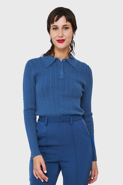 Sweater Cuello Camisero Cadenetas Azul índigo