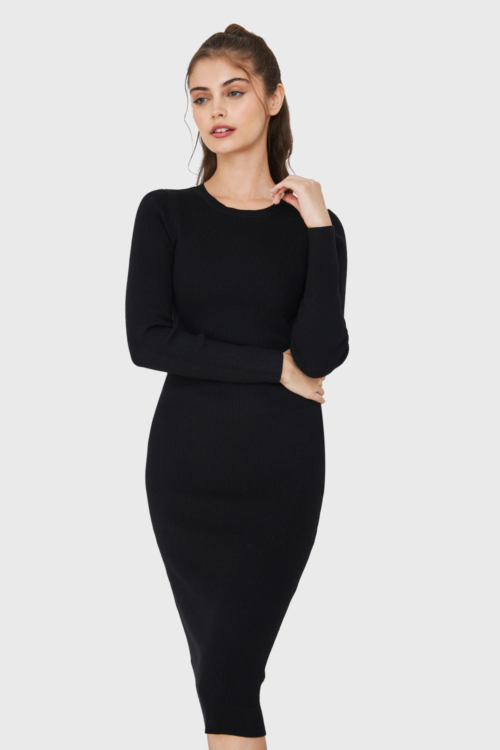 Vestido Acanalado Manga Larga Negro – Nicopoly - Main Image