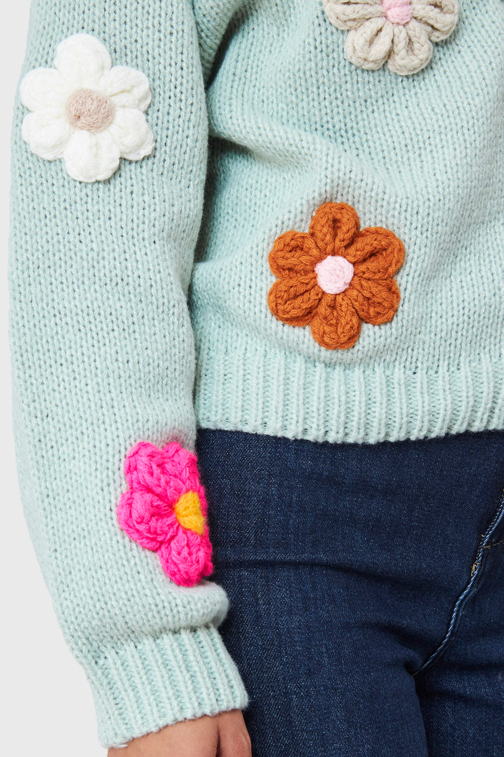 Cárdigan Manga Flores 3D Verde Agua