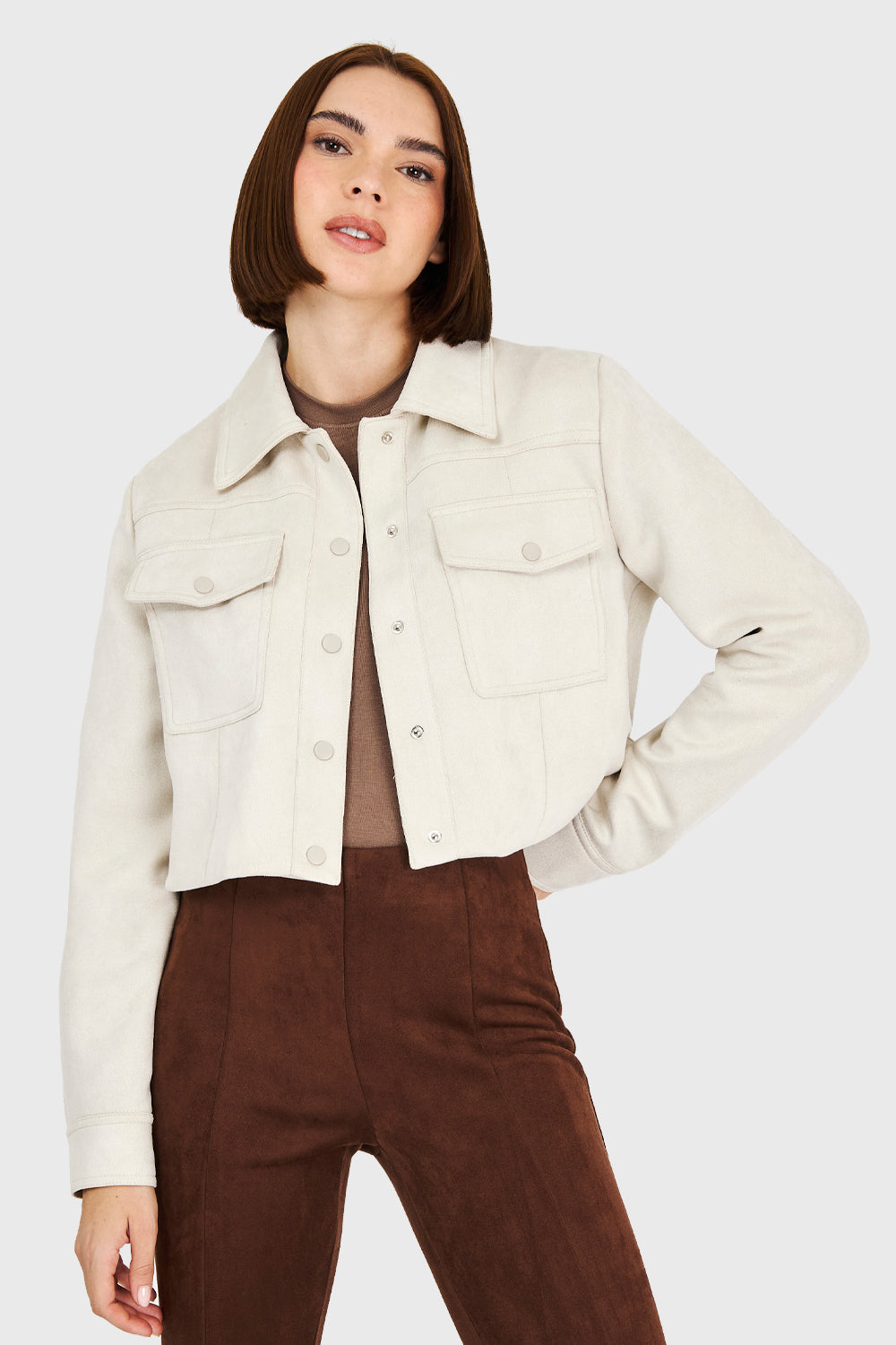 Chaqueta Corta Tipo Gamuza Blanco Invierno