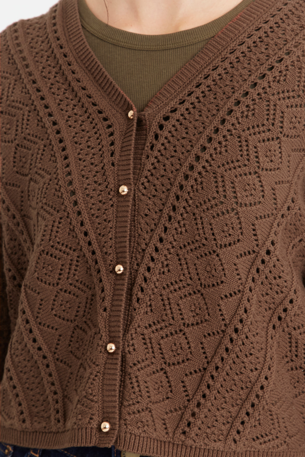 Cárdigan Tipo Crochet Botones Dorados Café