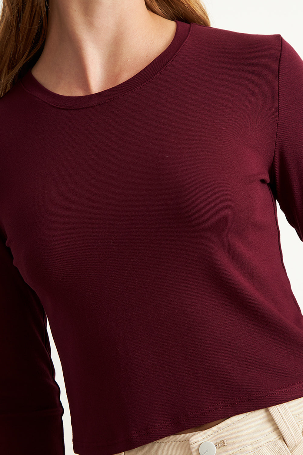 Polera Manga Larga Crop Burdeo