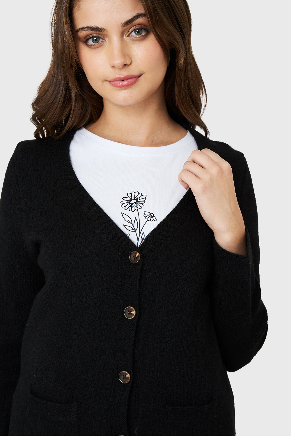 Cárdigan Abotonado Bolsillos Negro