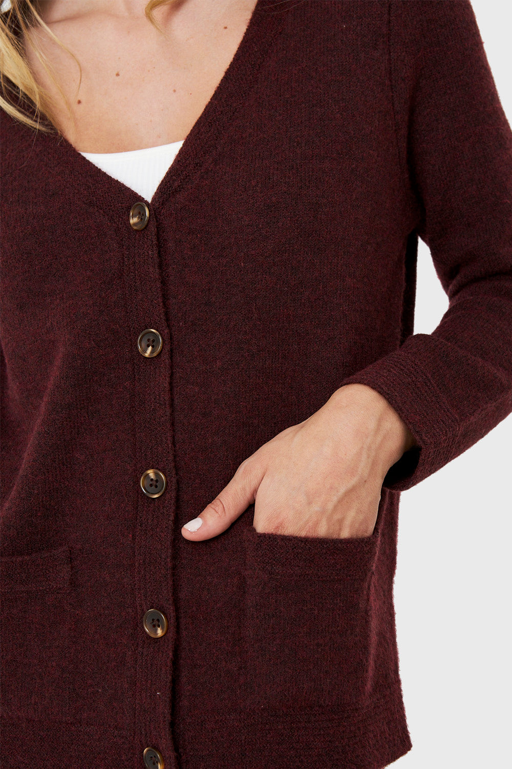 Cárdigan Abotonado Bolsillos Burdeos