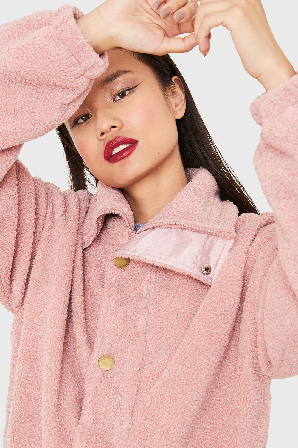 Chaqueta Teddy Cierre Y Broches Rosa