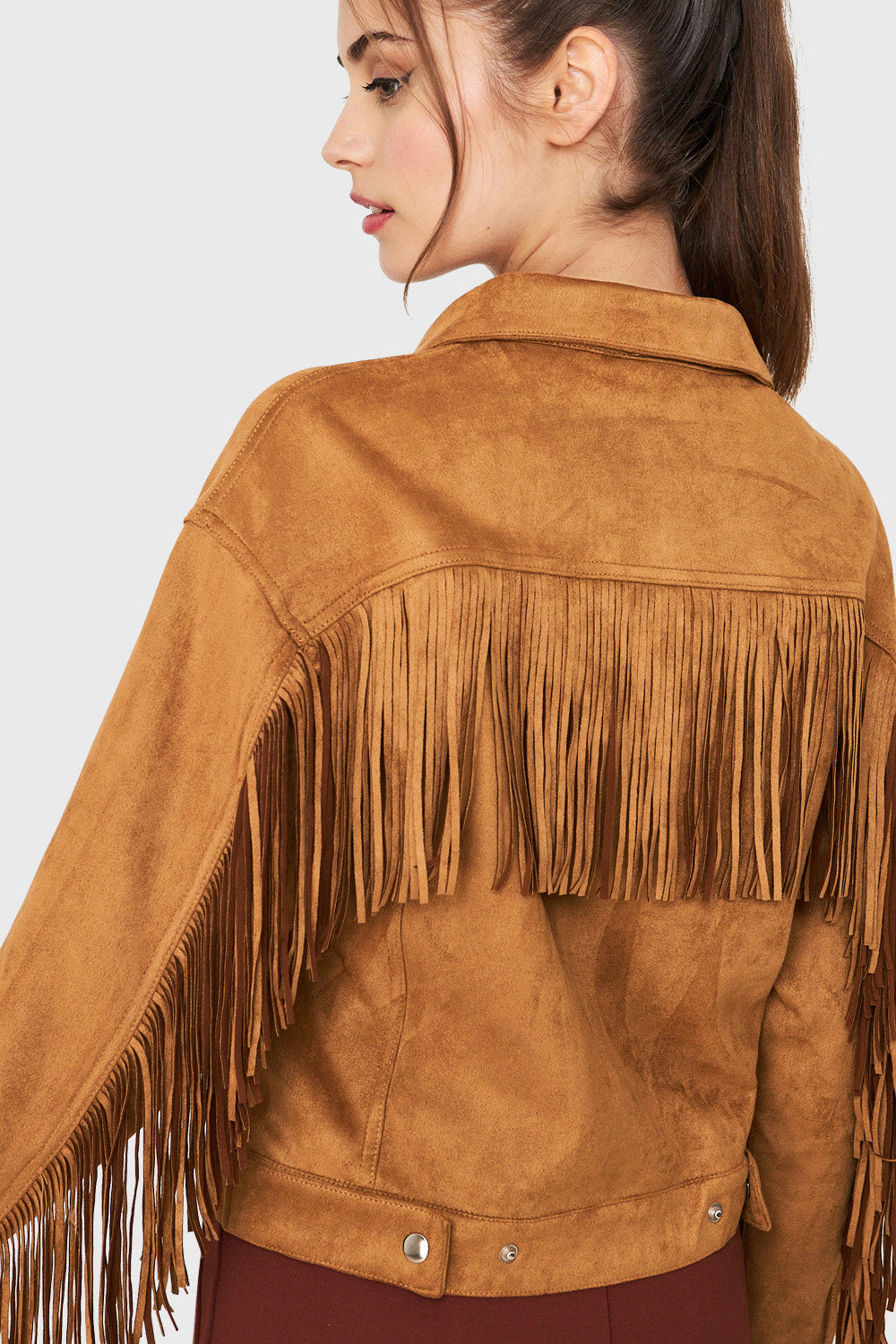 Chaqueta Tipo Gamuza Flecos Café