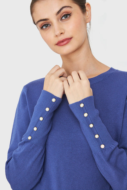 Sweater Punto Fino Detalles Perlas Azul Acero