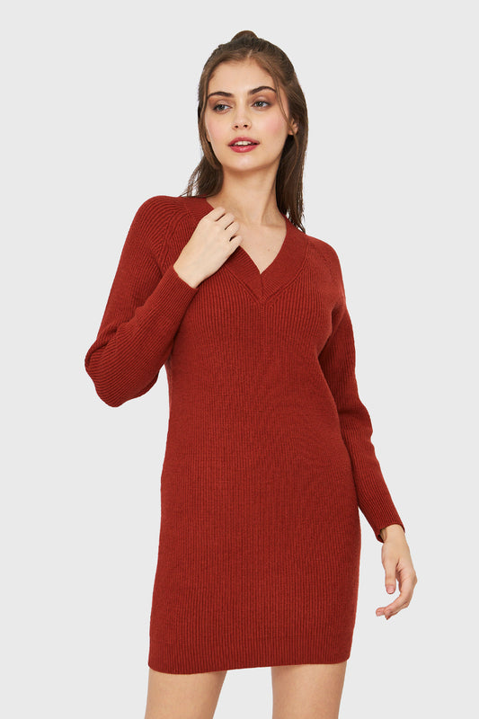 Sweater Vestido Cuello V Rojo Ladrillo