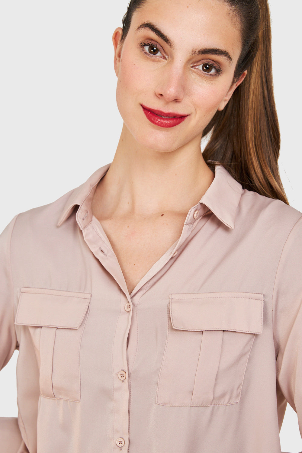 Blusa Bolsillos Tipo Satín Palo Rosa