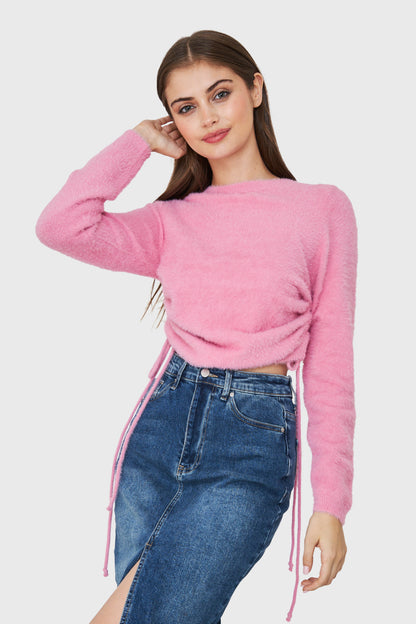 Sweater Peludo Recogido Lateral Rosa