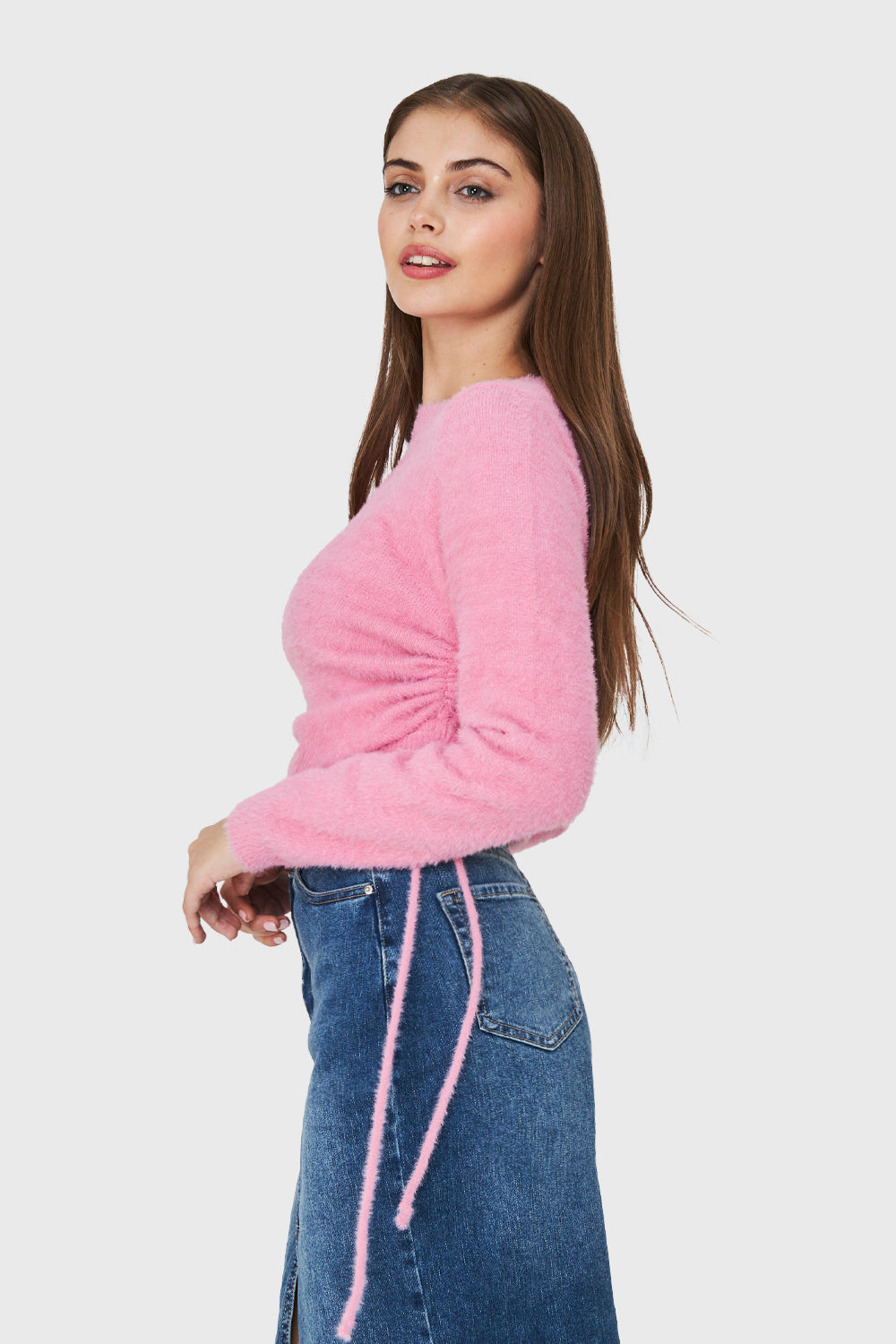 Sweater Peludo Recogido Lateral Rosa