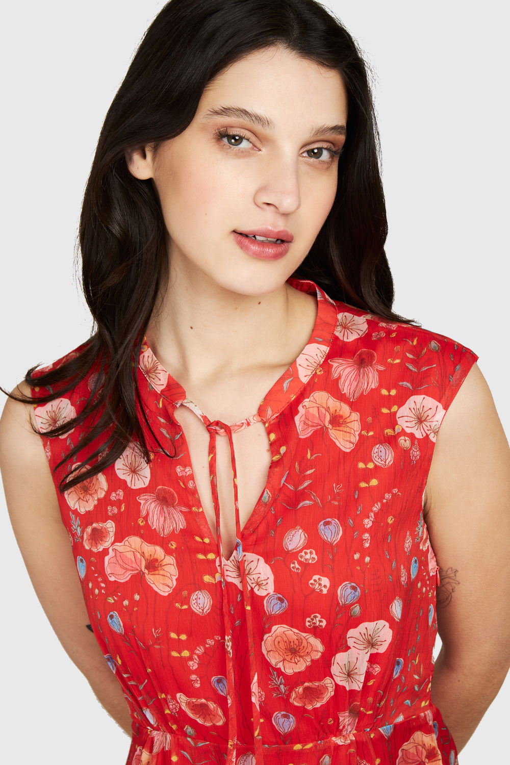 Vestido Amapolas Cuello Mao Rojo