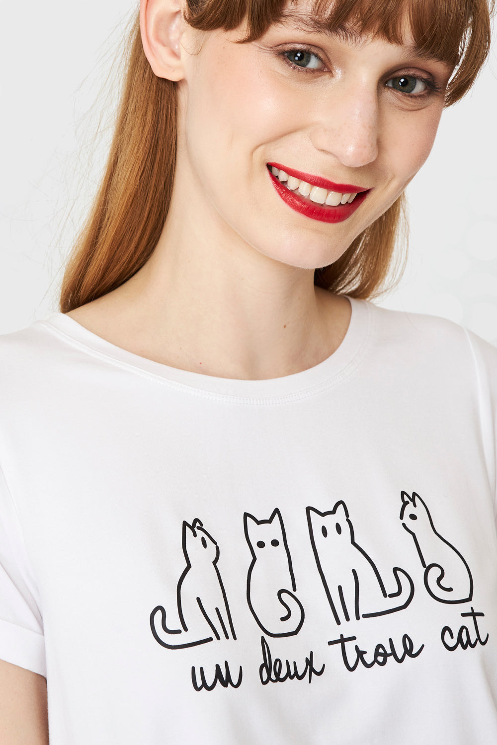 Polera Estampado Gatos Blanco