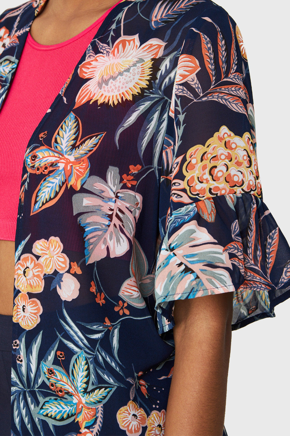 Kimono Gasa Flores Azul Marino