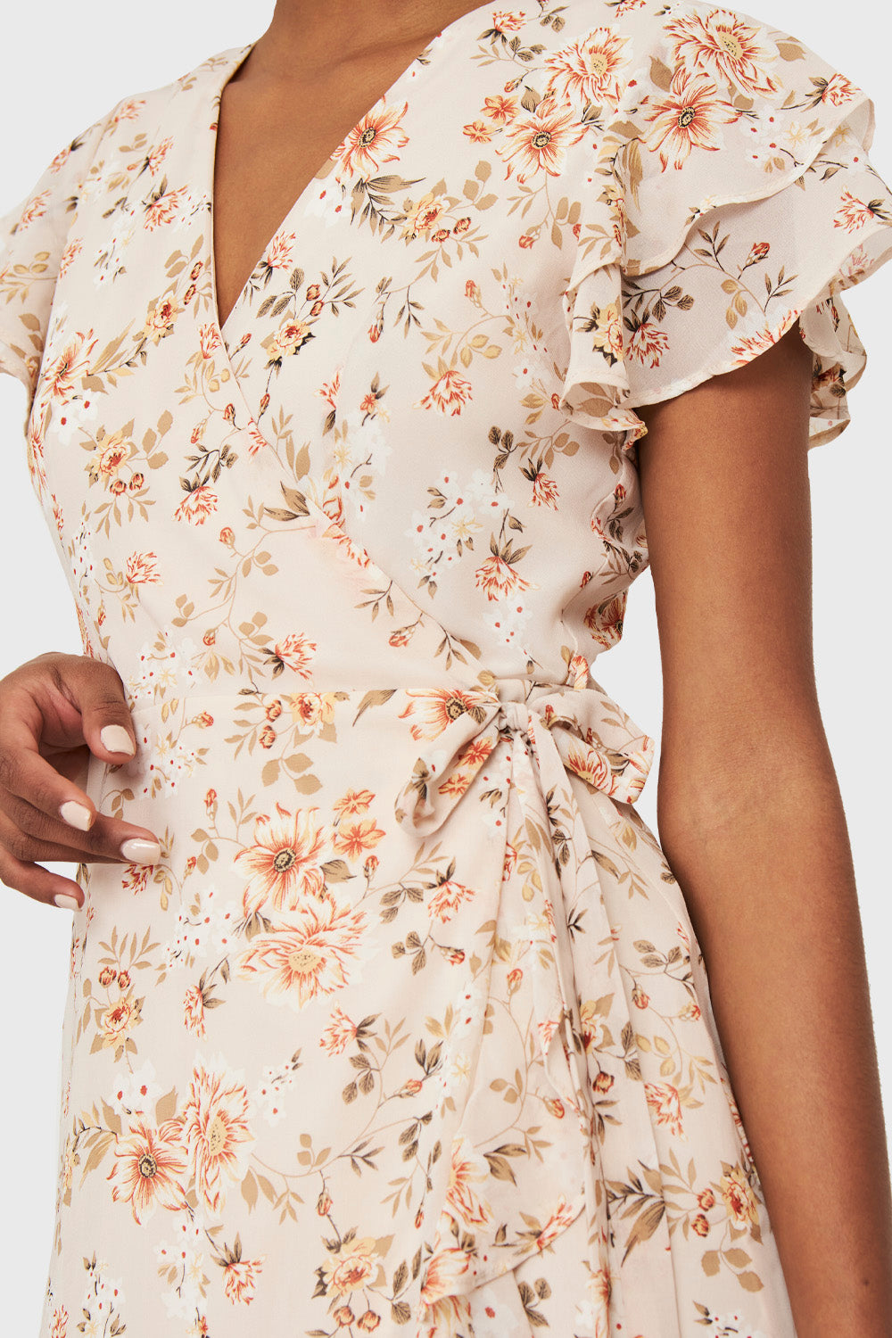 Vestido Corto Envolvente Floral Beige