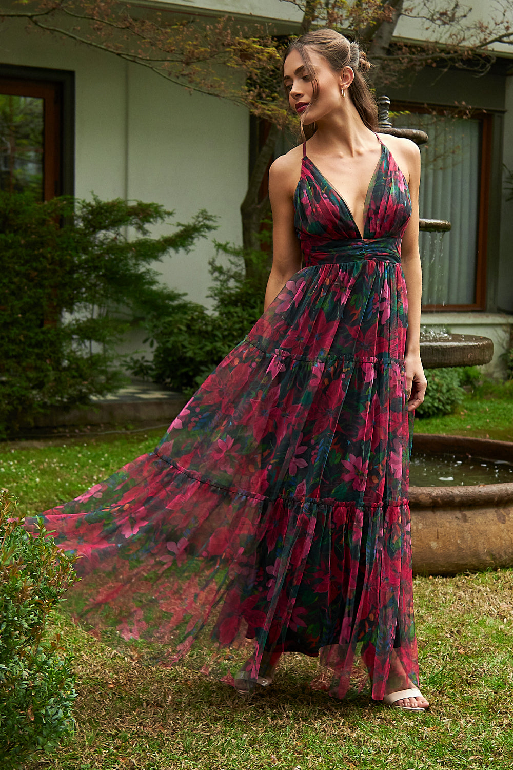 Vestido Tul Floreado Fucsia