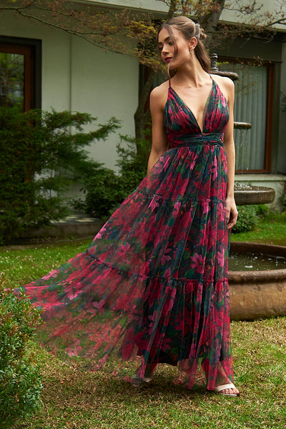 Vestido Tul Floreado Fucsia