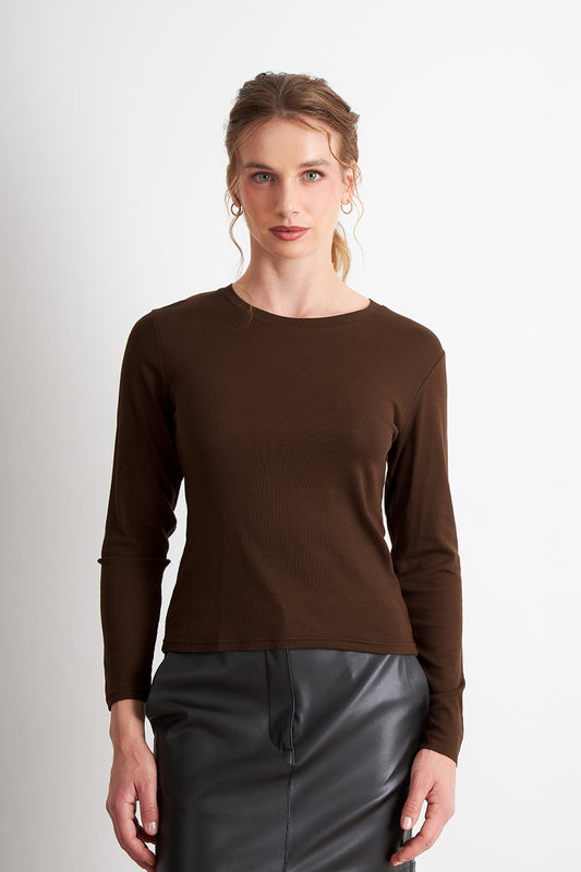 Polera Manga Larga Cuello Redondo Café