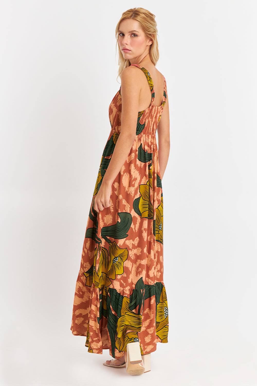 Vestido Cintura Elasticada Flores Naranja