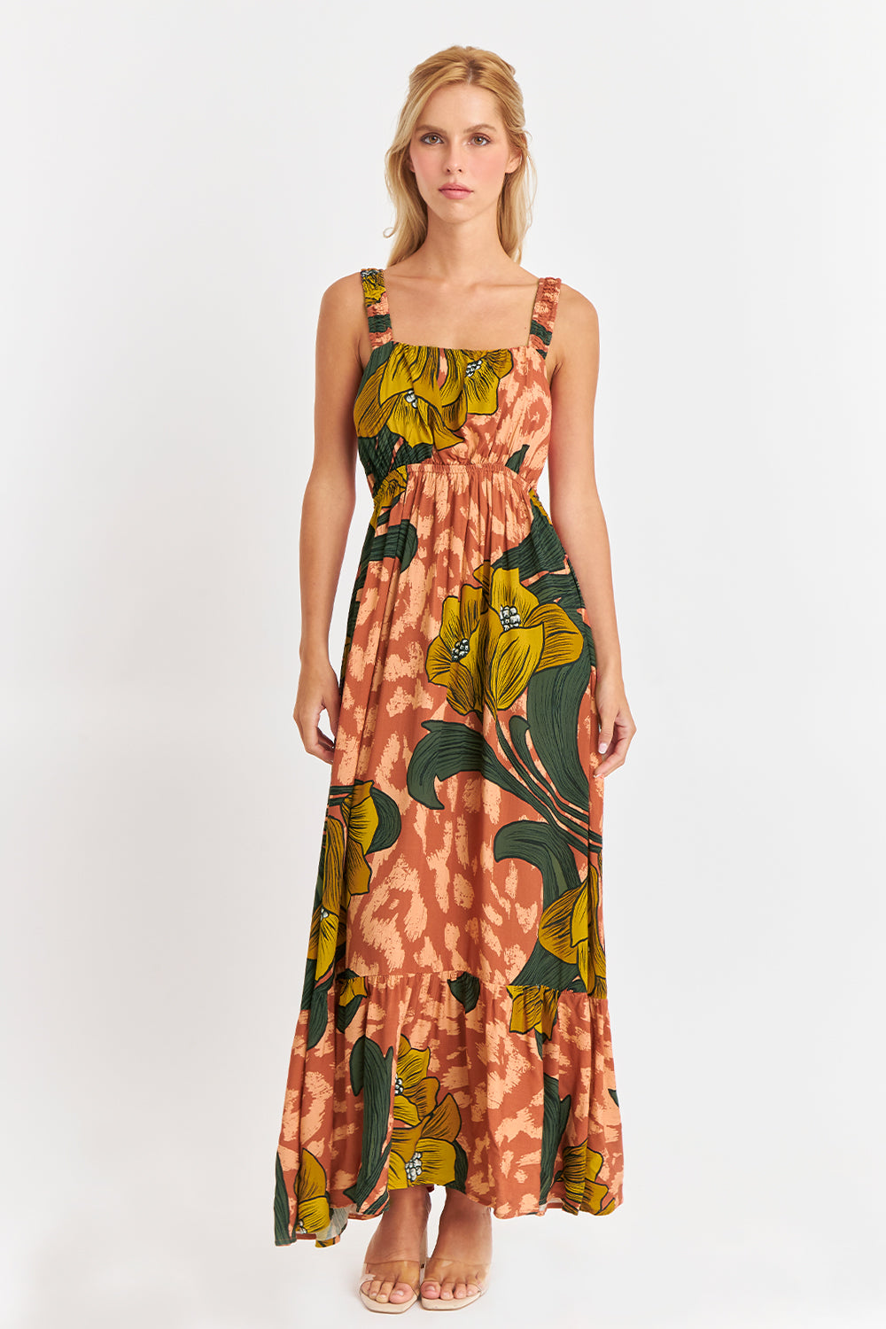 Vestido Cintura Elasticada Flores Naranja