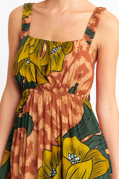 Vestido Cintura Elasticada Flores Naranja