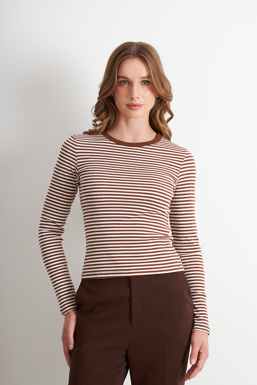 Polera Rayas Manga Larga Café