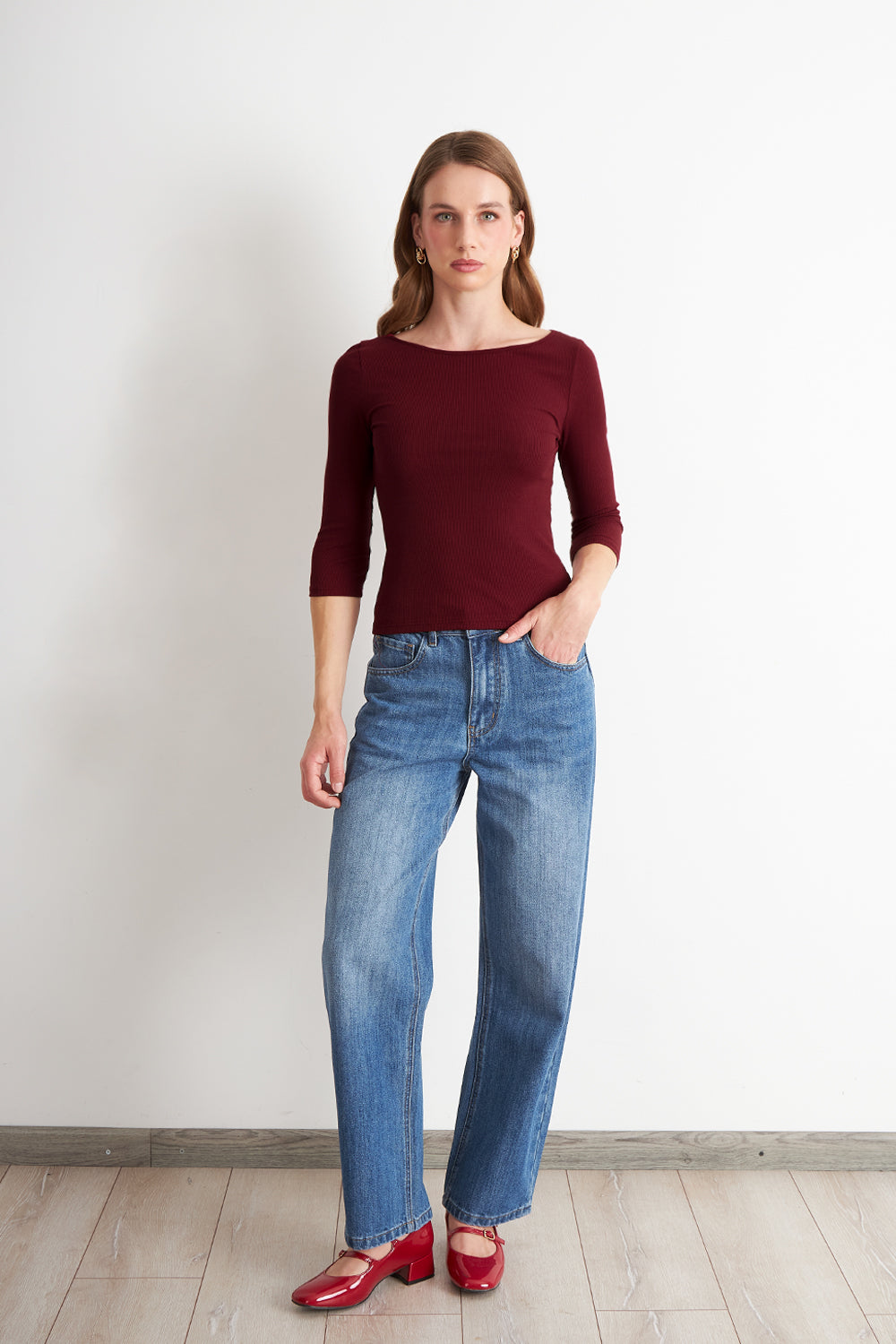 Polera Manga 3/4 Cuello Bote Burdeo