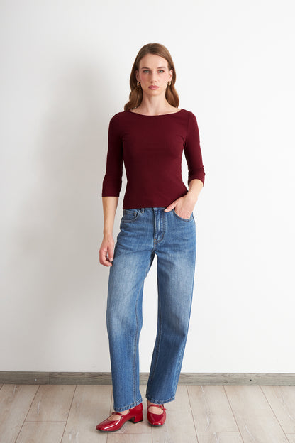 Polera Manga 3/4 Cuello Bote Burdeo