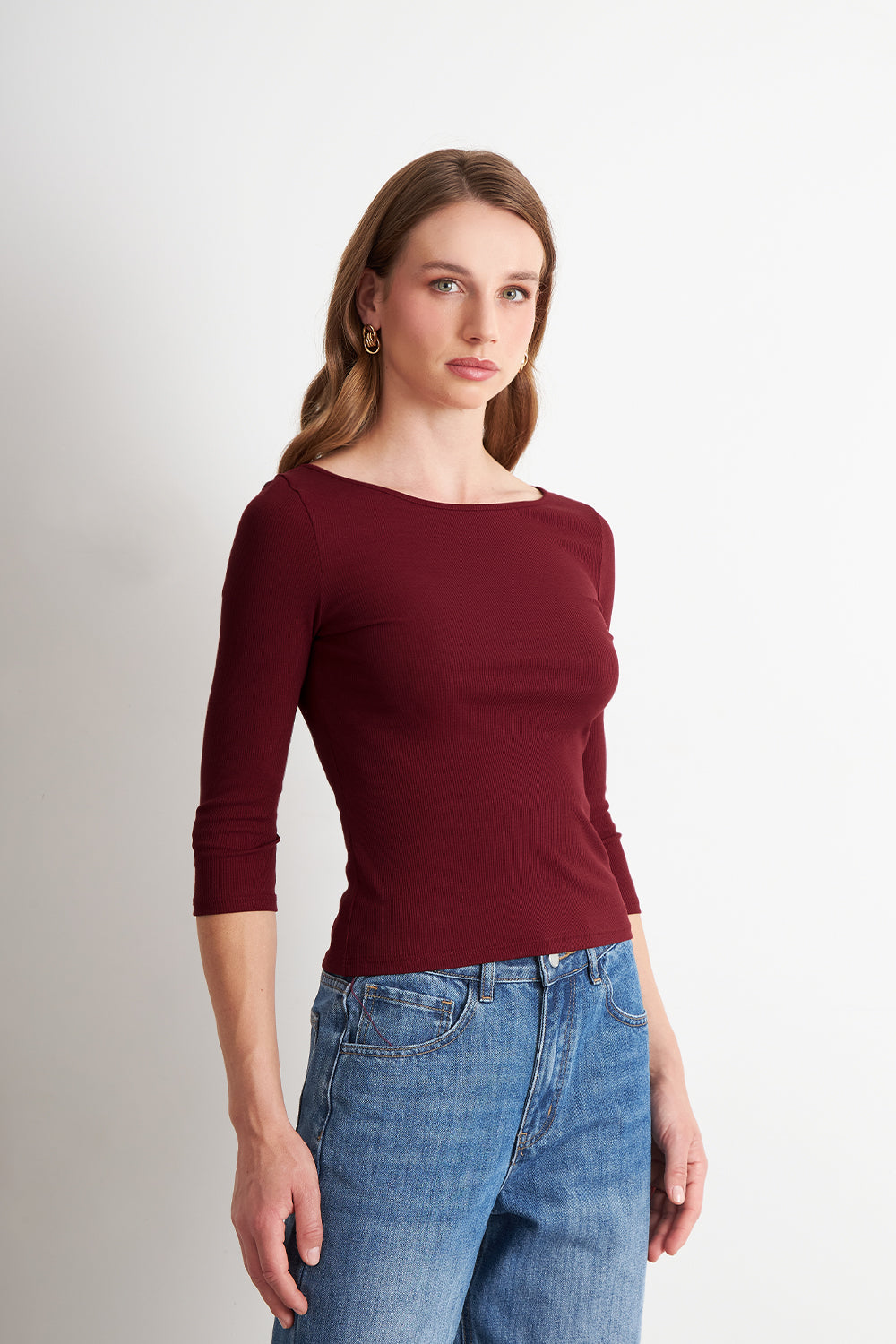 Polera Manga 3/4 Cuello Bote Burdeo