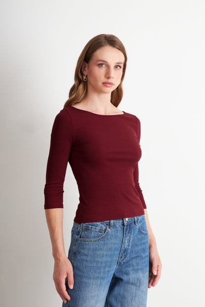 Polera Manga 3/4 Cuello Bote Burdeo