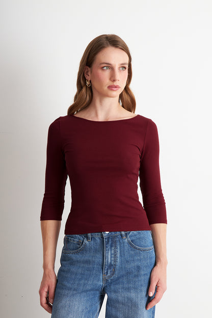Polera Manga 3/4 Cuello Bote Burdeo