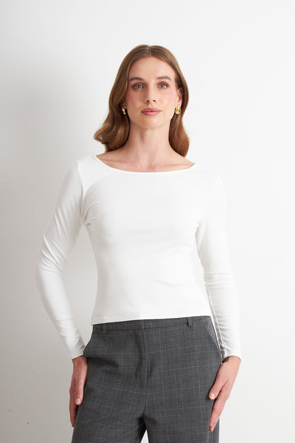 Polera Manga Larga Cuello Bote Blanco