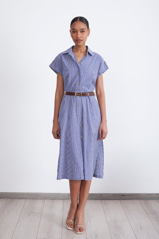 Vestido Rayas Camisero Celeste