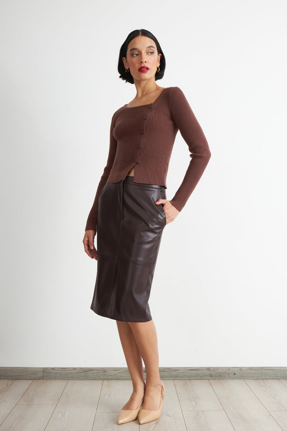 Falda Midi Ecocuero Café