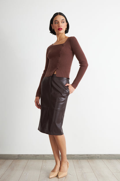 Falda Midi Ecocuero Café