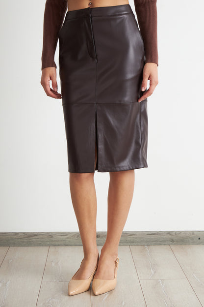 Falda Midi Ecocuero Café