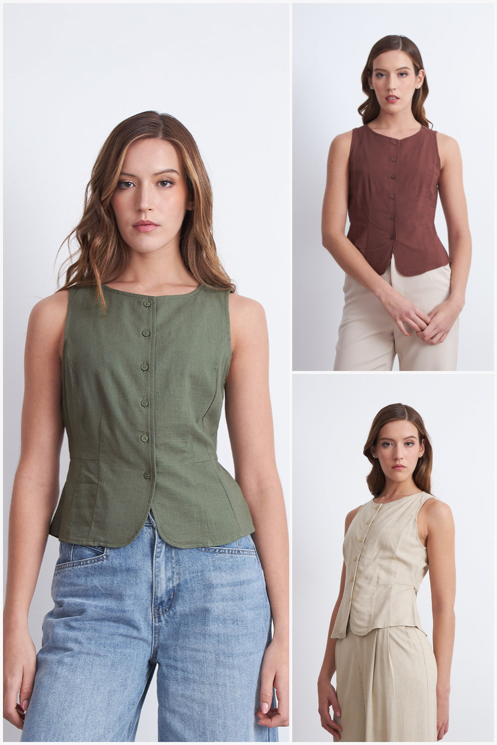 Gilet Cuello Redondo Tipo Lino Café