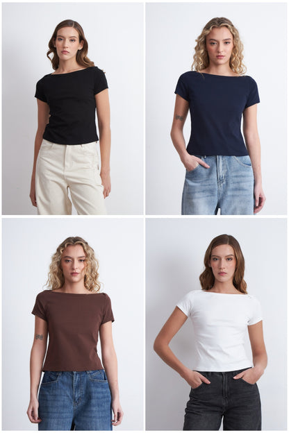 Polera Manga Corta Cuello Bote Azul Marino