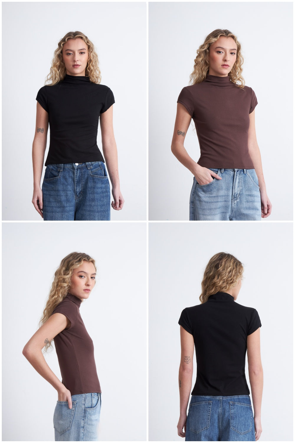 Polera Manga Corta Cuello Alto Café