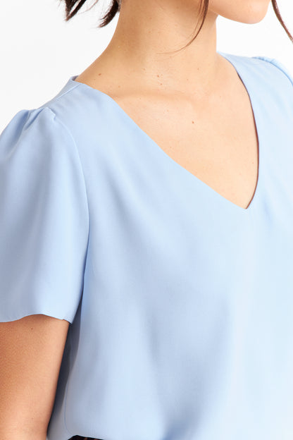 Blusa Cuello V Tipo Gasa Celeste