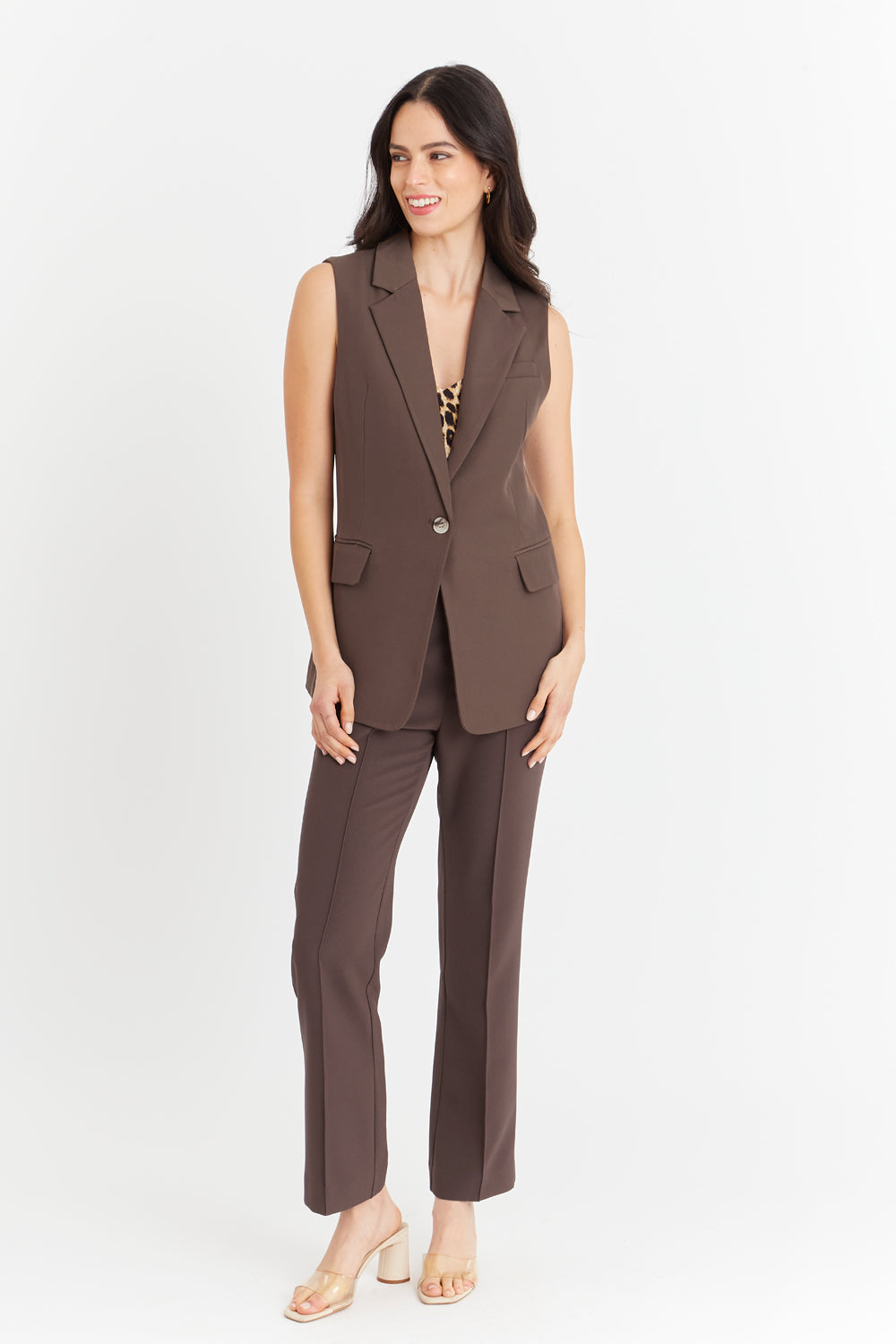 Blazer Sin Mangas Bolsillos Café