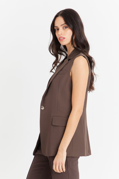 Blazer Sin Mangas Bolsillos Café