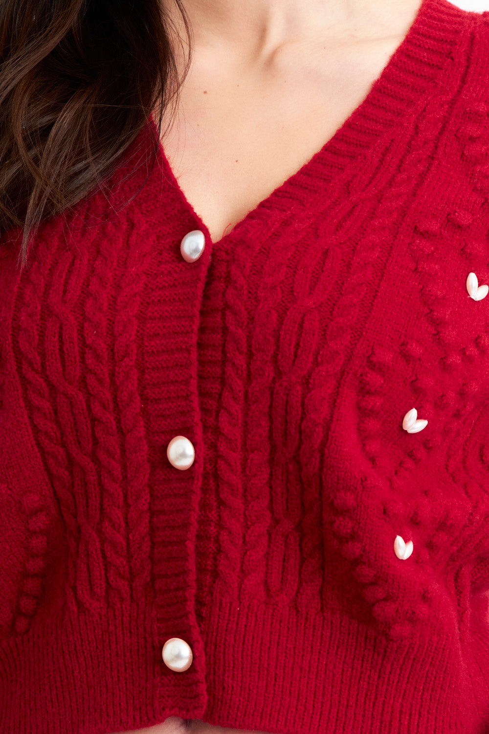 Cárdigan Crop Perlas Rojo